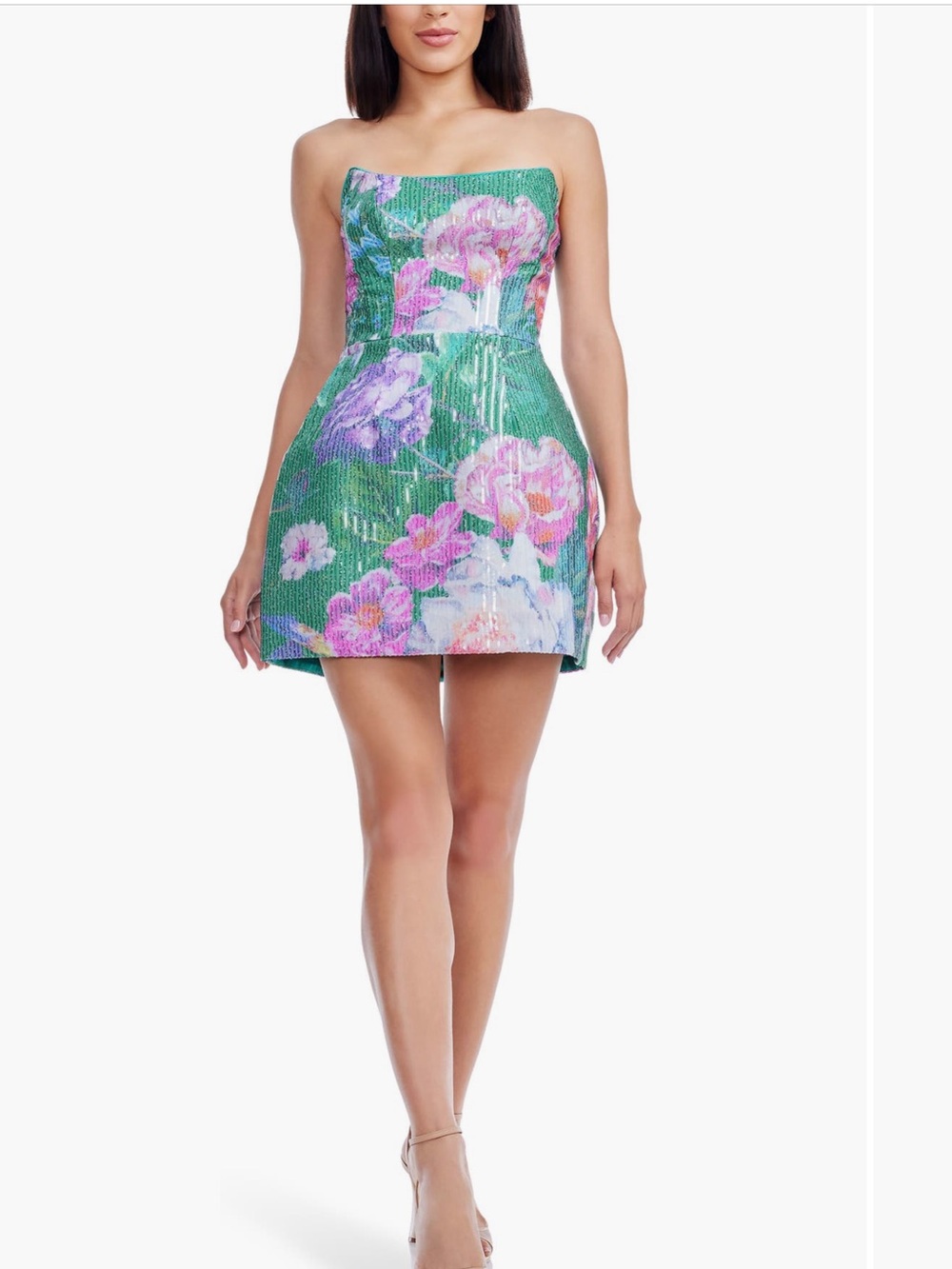 Dress the Population Strapless Green Floral Mini Dress